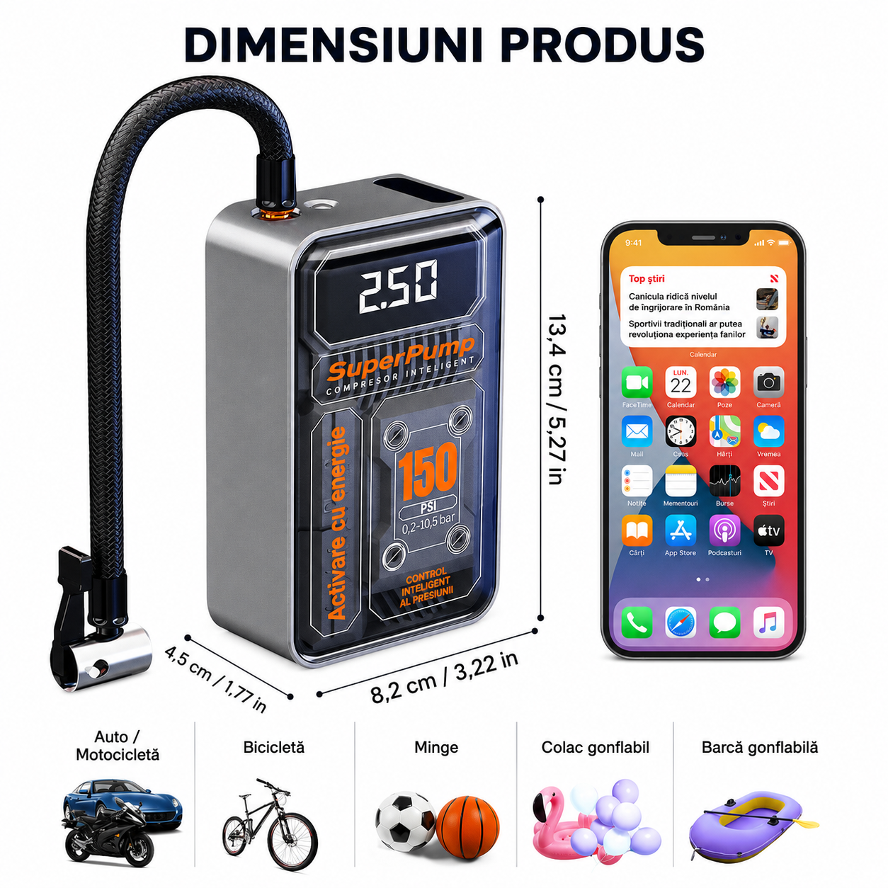 AirDrive Pro – Mini compresor auto portabil cu display LCD, 150 PSI și lumină de urgență x 3 Buc