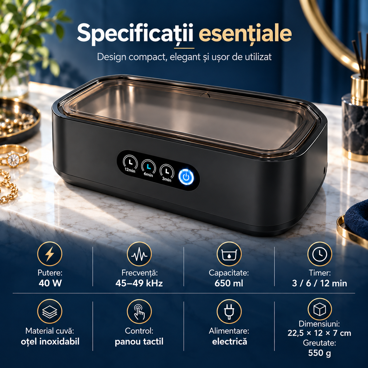 PureClean X81™ – Premium 49 kHz Ultrasonic Cleaner, 650 ml, 40 W, Digital Timer, for Jewelry, Eyeglasses and Accessories