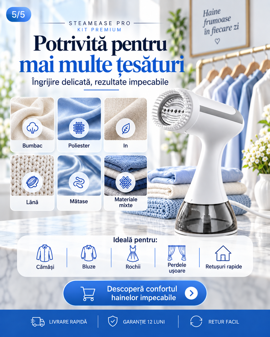 SteamEase Pro™ – Premium Garment Steamer Kit 1500W, 300 ml, 25 g/min