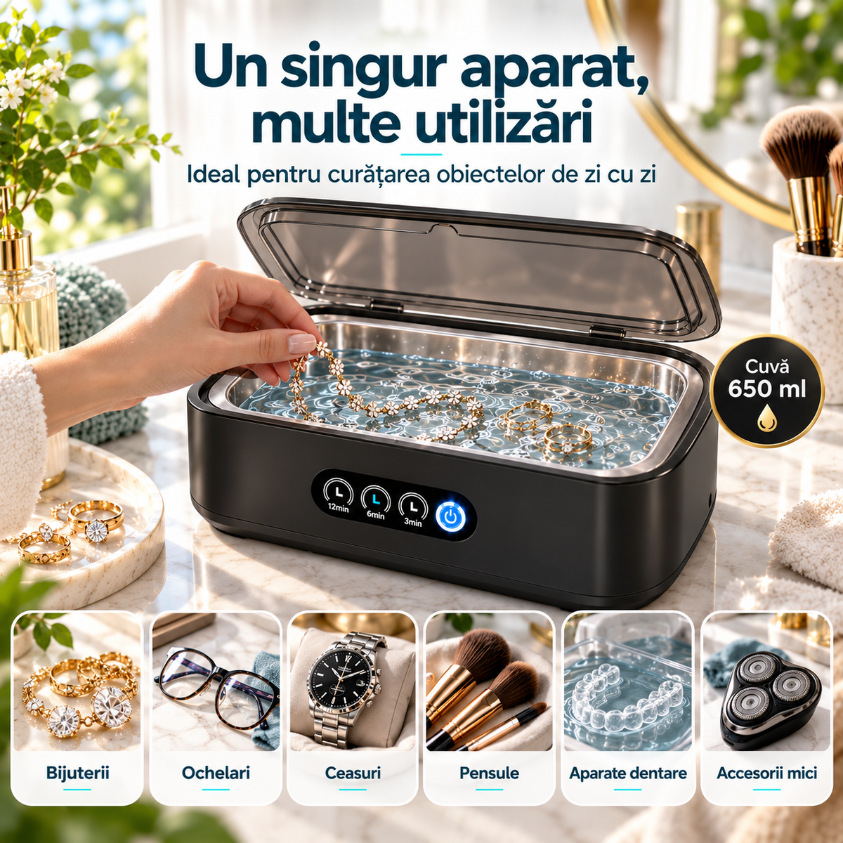 PureClean X81™ – Premium 49 kHz Ultrasonic Cleaner, 650 ml, 40 W, Digital Timer, for Jewelry, Eyeglasses and Accessories