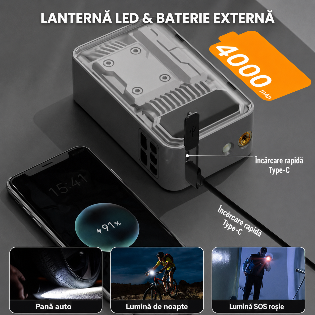 AirDrive Pro – Mini compresor auto portabil cu display LCD, 150 PSI și lumină de urgență
