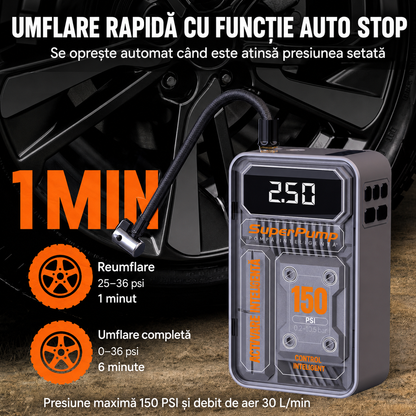 AirDrive Pro – Mini compresor auto portabil cu display LCD, 150 PSI și lumină de urgență
