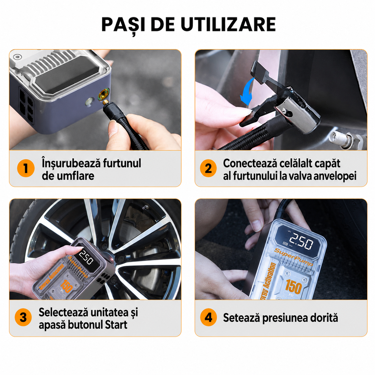 AirDrive Pro – Mini compresor auto portabil cu display LCD, 150 PSI și lumină de urgență