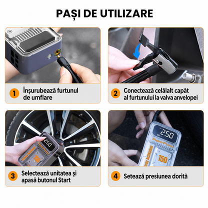 AirDrive Pro – Mini compresor auto portabil cu display LCD, 150 PSI și lumină de urgență