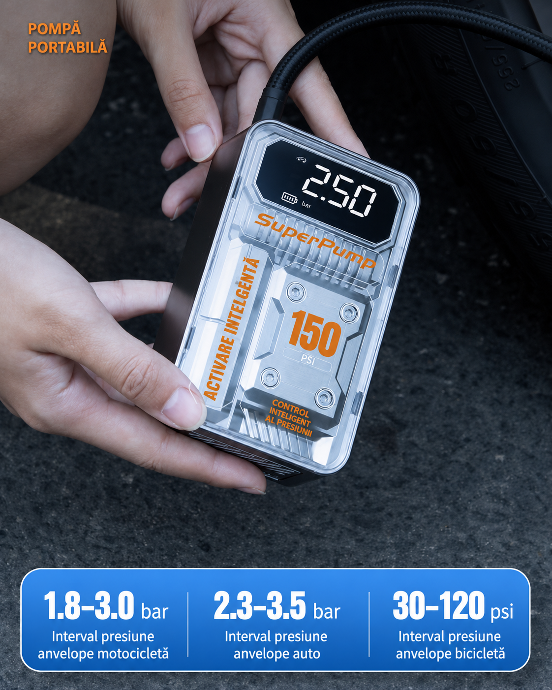 AirDrive Pro – Mini compresor auto portabil cu display LCD, 150 PSI și lumină de urgență