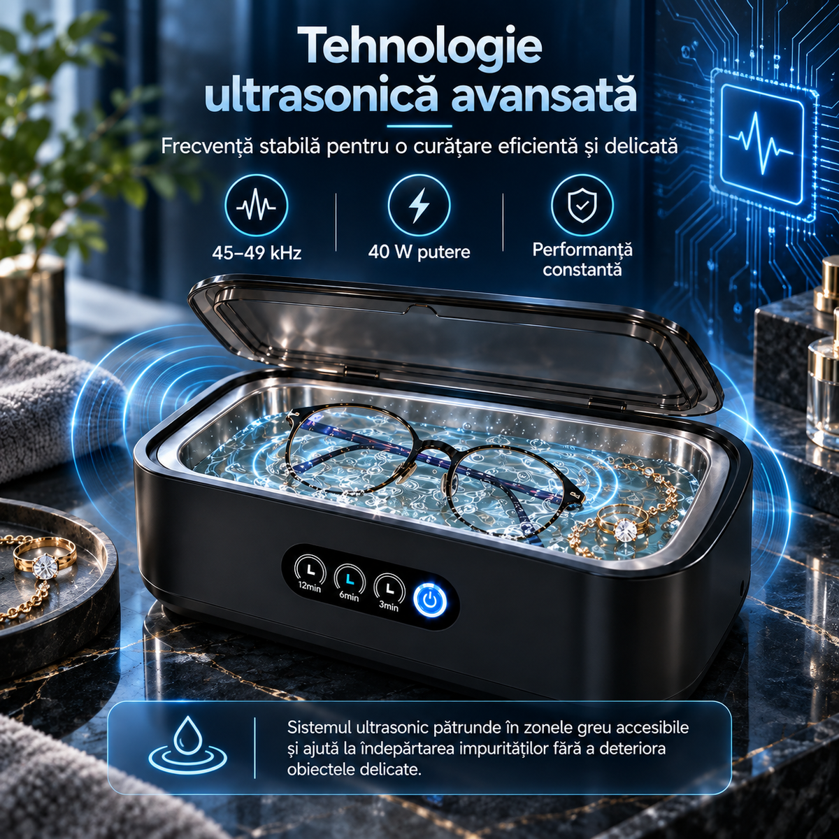 PureClean X81™ – Premium 49 kHz Ultrasonic Cleaner, 650 ml, 40 W, Digital Timer, for Jewelry, Eyeglasses and Accessories