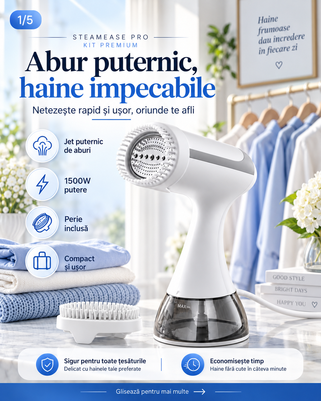 SteamEase Pro™ – Premium Garment Steamer Kit 1500W, 300 ml, 25 g/min