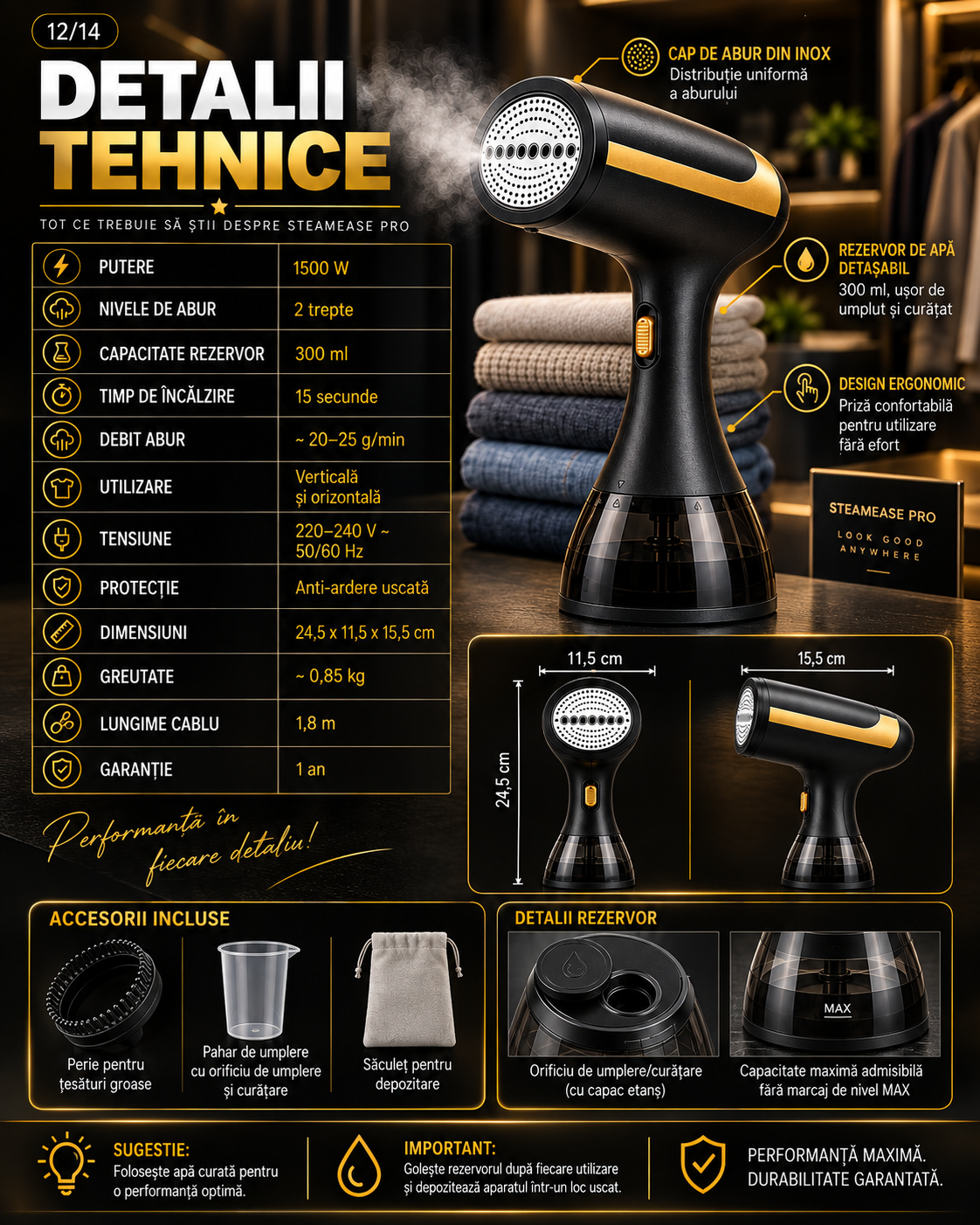 SteamEase Pro™ – Premium Garment Steamer Kit 1500W, 300 ml, 25 g/min