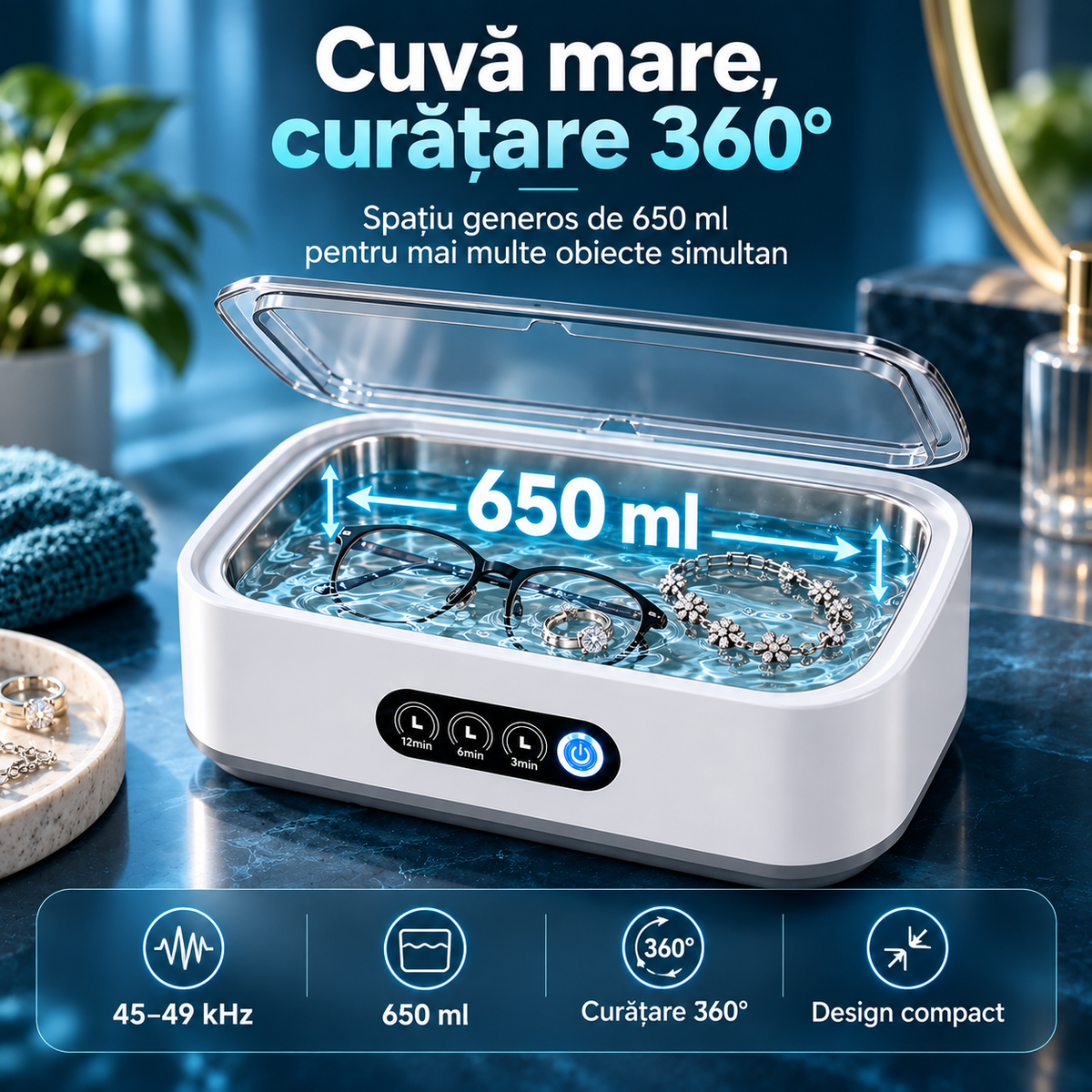 PureClean X81™ – Premium 49 kHz Ultrasonic Cleaner, 650 ml, 40 W, Digital Timer, for Jewelry, Eyeglasses and Accessories