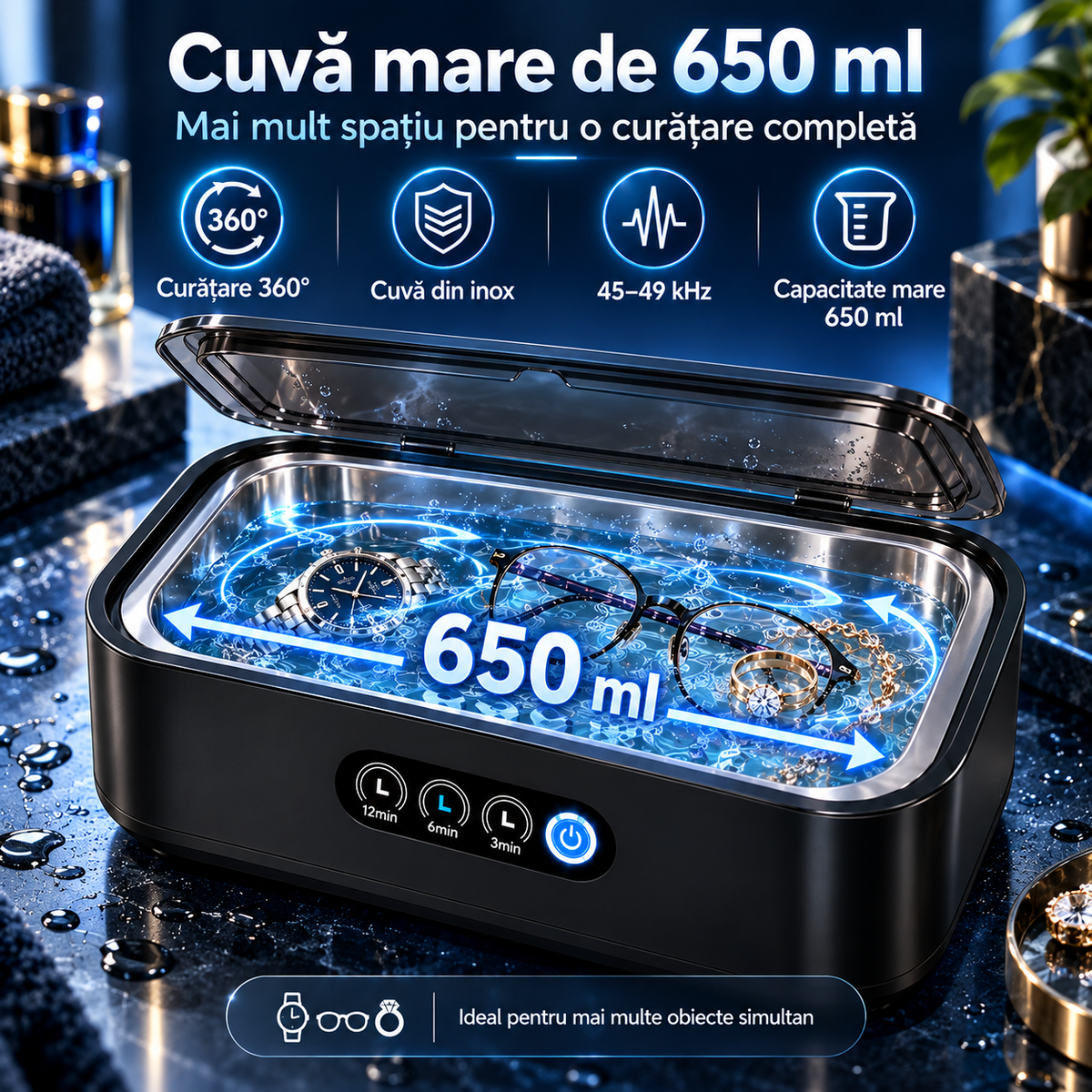 PureClean X81™ – Premium 49 kHz Ultrasonic Cleaner, 650 ml, 40 W, Digital Timer, for Jewelry, Eyeglasses and Accessories