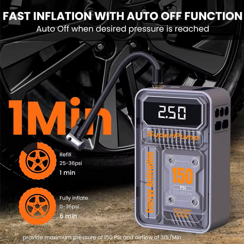 AirDrive Pro – Mini compresor auto portabil cu display LCD, 150 PSI și lumină de urgență