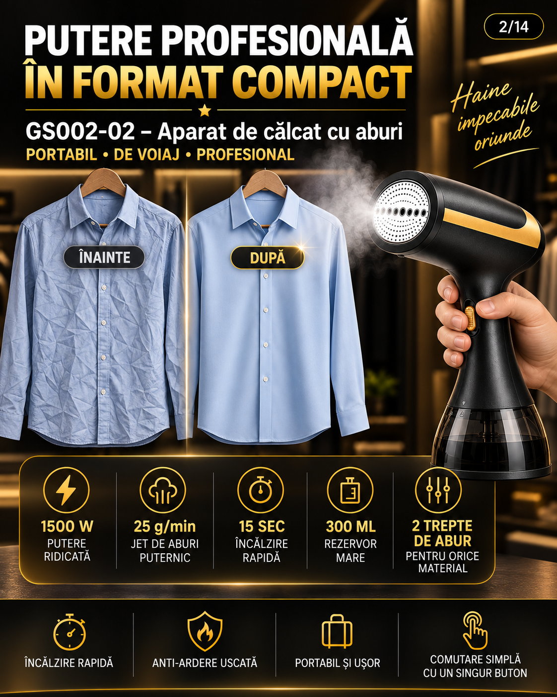 SteamEase Pro™ – Premium Garment Steamer Kit 1500W, 300 ml, 25 g/min