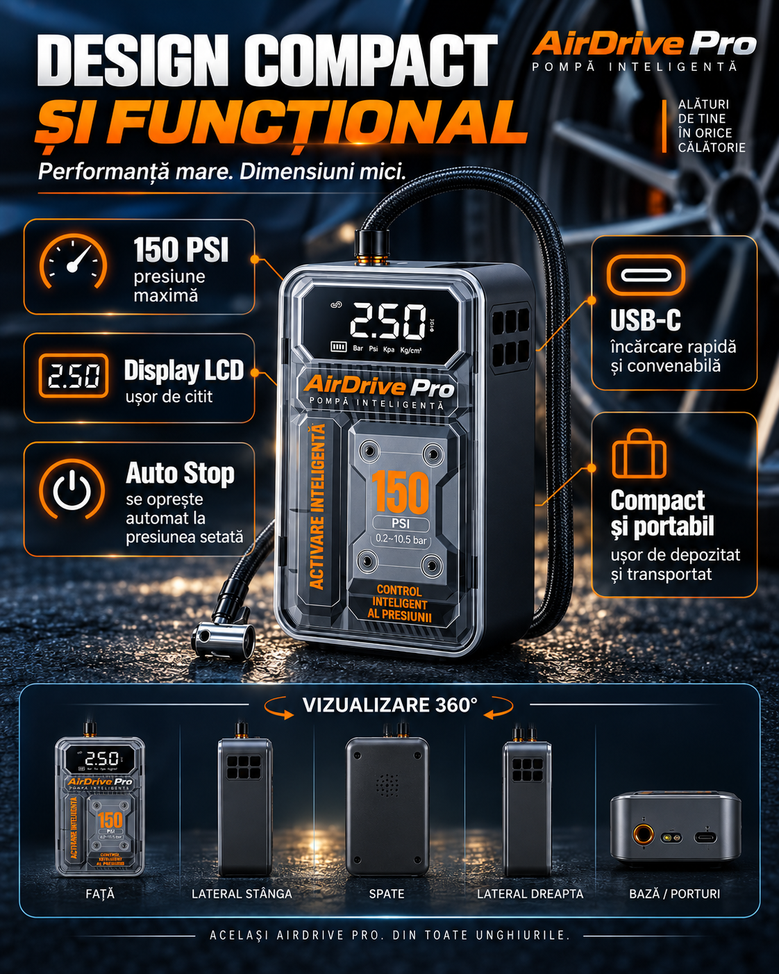 AirDrive Pro™ – 150 PSI Wireless Portable Car Tire Inflator with LCD Display and Auto Stop