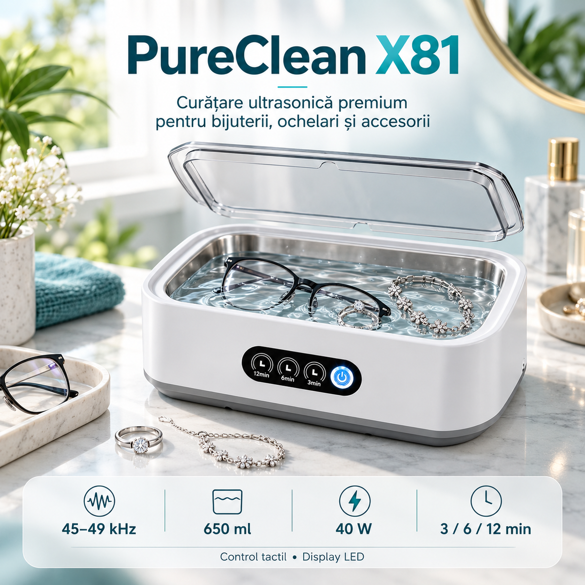 PureClean X81™ – Premium 49 kHz Ultrasonic Cleaner, 650 ml, 40 W, Digital Timer, for Jewelry, Eyeglasses and Accessories