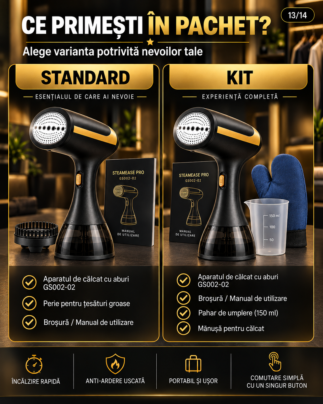 SteamEase Pro™ – Premium Garment Steamer Kit 1500W, 300 ml, 25 g/min