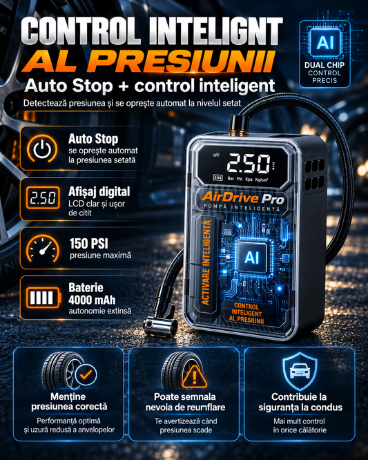 AirDrive Pro™ – Compresor Auto Portabil Wireless 150 PSI cu Display LCD și Auto Stop