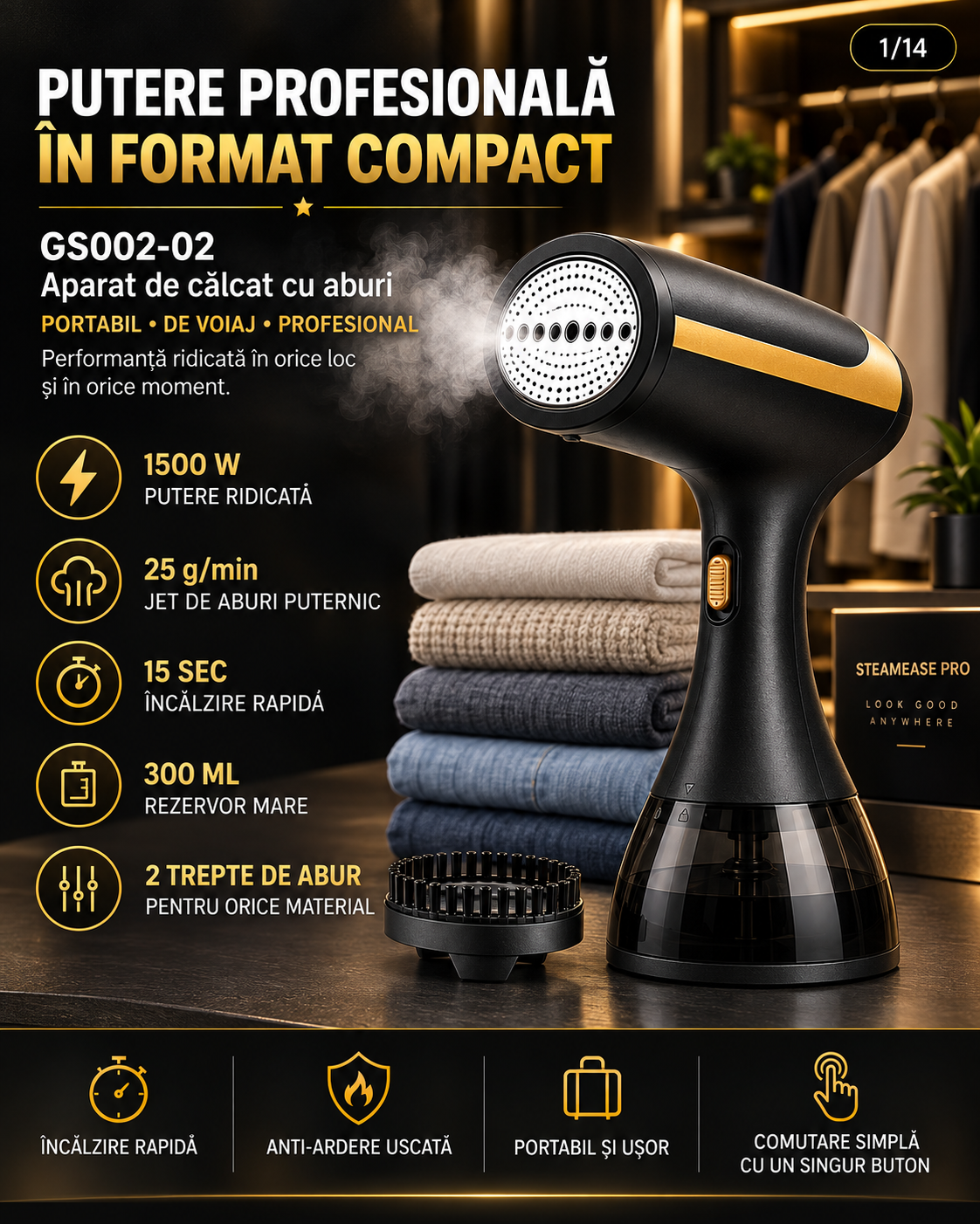 SteamEase Pro™ – Premium Garment Steamer Kit 1500W, 300 ml, 25 g/min