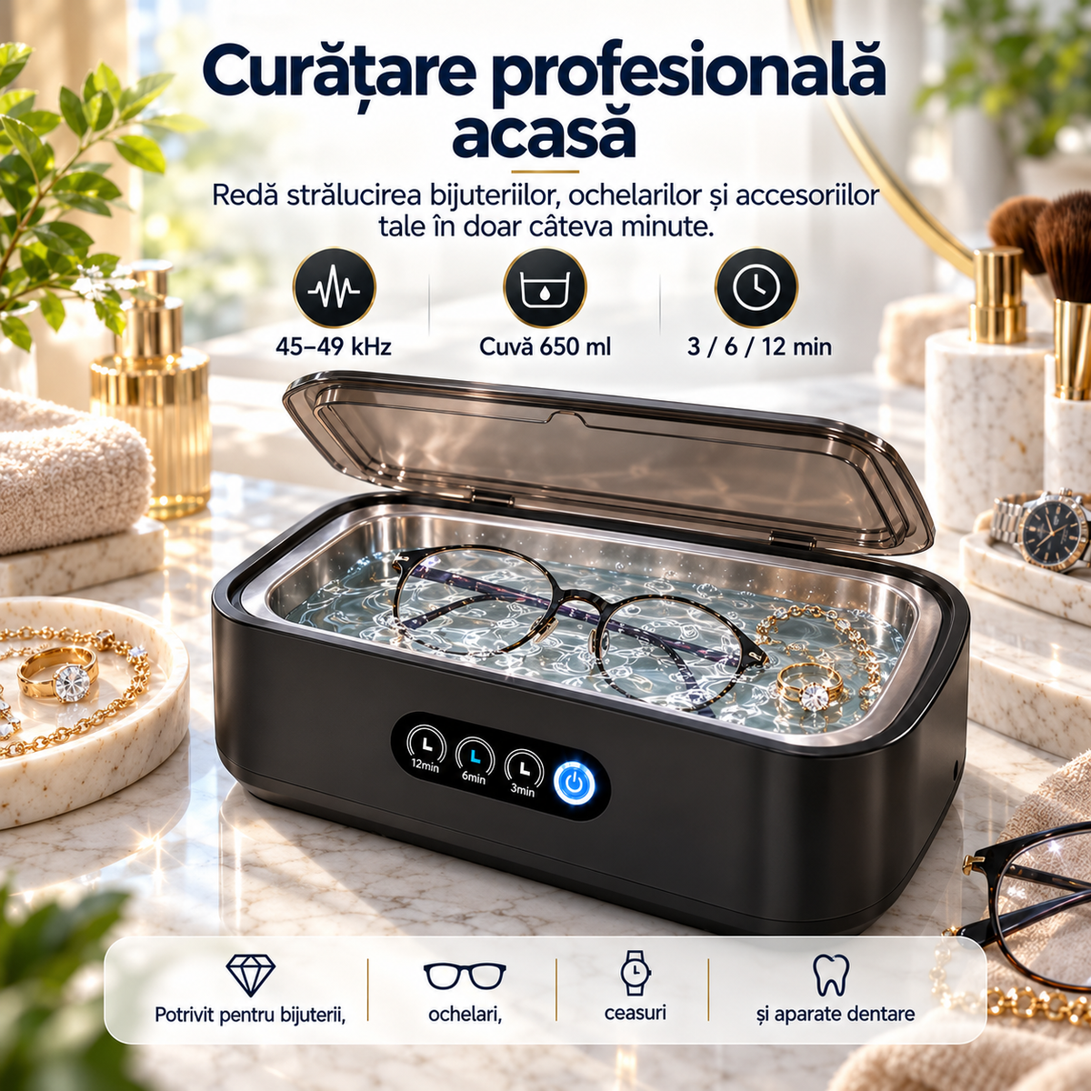 PureClean X81™ – Premium 49 kHz Ultrasonic Cleaner, 650 ml, 40 W, Digital Timer, for Jewelry, Eyeglasses and Accessories