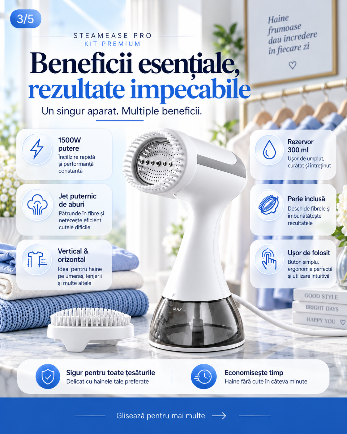 SteamEase Pro™ – Premium Garment Steamer Kit 1500W, 300 ml, 25 g/min