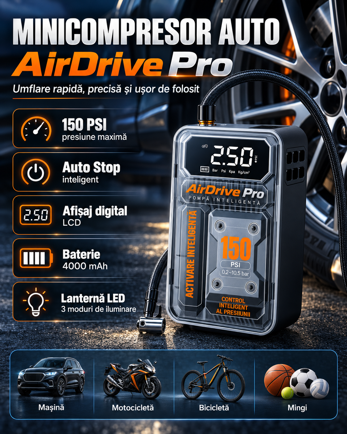 AirDrive Pro™ – 150 PSI Wireless Portable Car Tire Inflator with LCD Display and Auto Stop